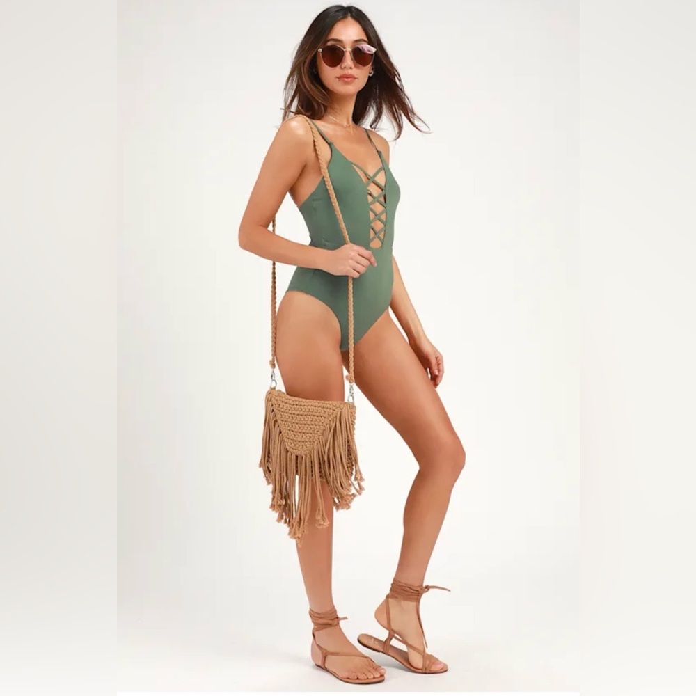 New Dippin' Daisy's Sexy Olive Green Lace-Up One-Piece Swimsuit Size Large.